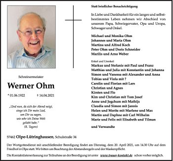 Traueranzeige von Werner Ohm von Siegener Zeitung