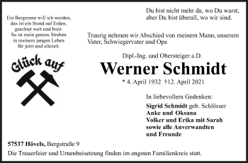 Traueranzeige von Werner Schmidt von Siegener Zeitung