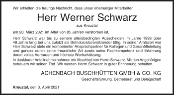 Traueranzeige von Werner Schwarz von Siegener Zeitung