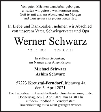 Traueranzeige von Werner Schwarz von Siegener Zeitung