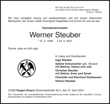 Traueranzeige von Werner Steuber von Siegener Zeitung