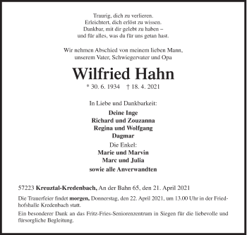 Traueranzeige von Wilfried Hahn von Siegener Zeitung