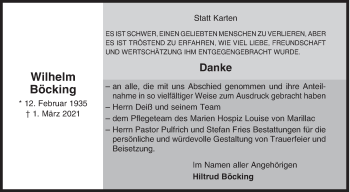 Traueranzeige von Wilhelm Böcking von Siegener Zeitung