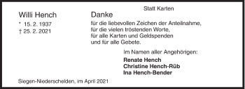 Traueranzeige von Willi Hench von Siegener Zeitung