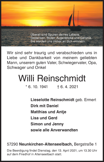 Traueranzeige von Willi Reinschmidt von Siegener Zeitung
