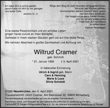 Traueranzeige von Wiltrud Cramer von Siegener Zeitung