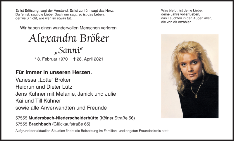  Traueranzeige für Alexandra Bröker vom 04.05.2021 aus Siegener Zeitung