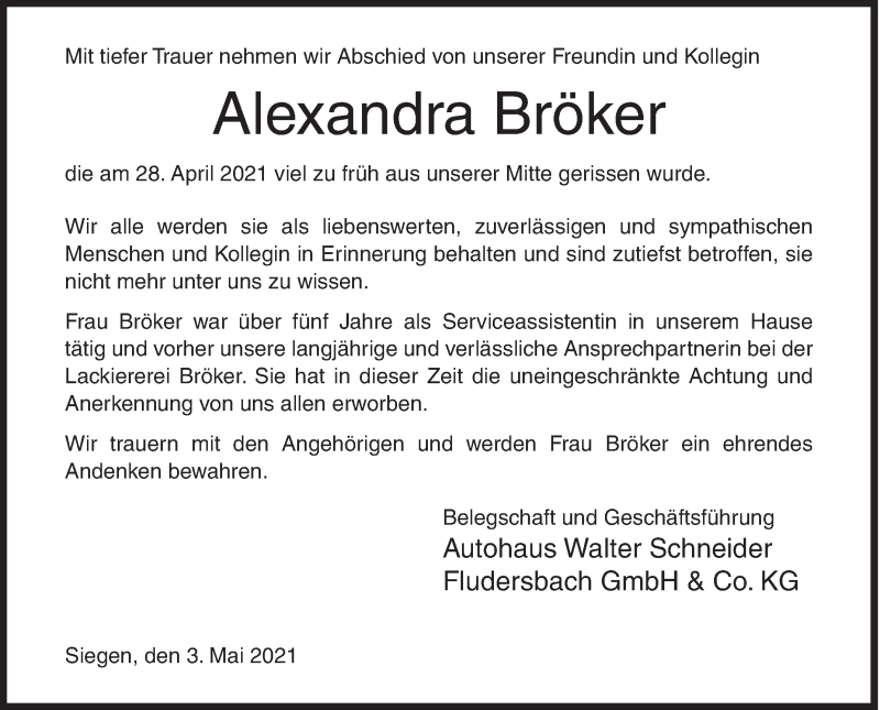  Traueranzeige für Alexandra Bröker vom 04.05.2021 aus Siegener Zeitung