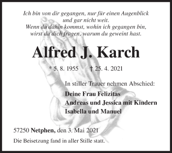 Traueranzeige von Alfred  Karch von Siegener Zeitung