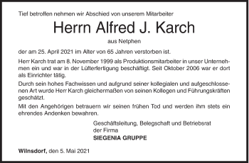 Traueranzeige von Alfred J. Karch von Siegener Zeitung