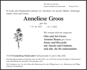 Traueranzeige von Anneliese Groos von Siegener Zeitung