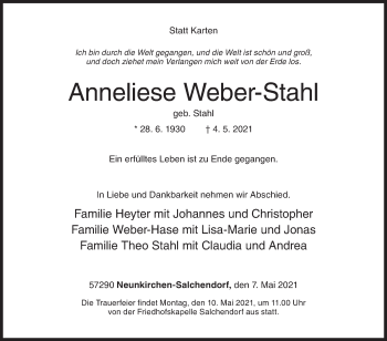 Traueranzeige von Anneliese Weber-Stahl von Siegener Zeitung