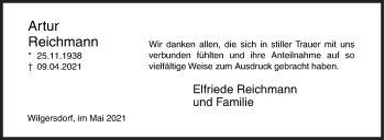 Traueranzeige von Artur Reichmann von Siegener Zeitung