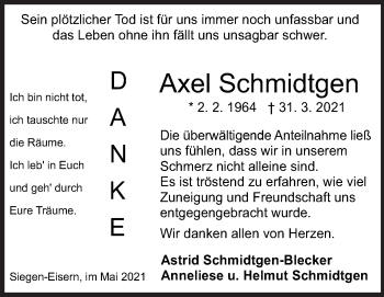 Traueranzeige von Axel Schmidtgen von Siegener Zeitung