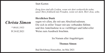 Traueranzeige von Christa Simon von Siegener Zeitung
