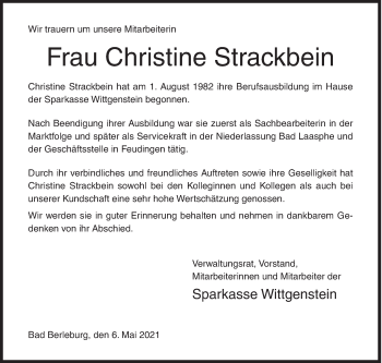 Traueranzeige von Christine Strackbein von Siegener Zeitung
