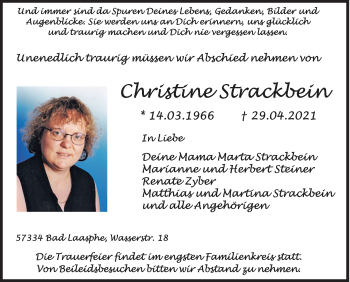 Traueranzeige von Christine Strackbein von Siegener Zeitung