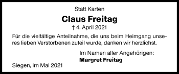 Traueranzeige von Claus Freitag von Siegener Zeitung
