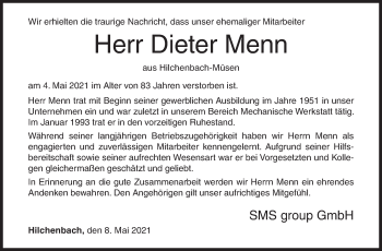 Traueranzeige von Dieter Menn von Siegener Zeitung