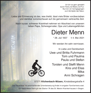 Traueranzeige von Dieter Menn von Siegener Zeitung