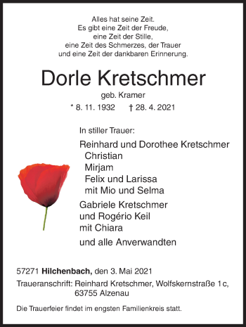 Traueranzeige von Dorle Kretschmer von Siegener Zeitung