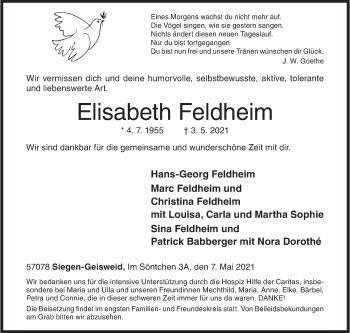 Traueranzeige von Elisabeth Feldheim von Siegener Zeitung