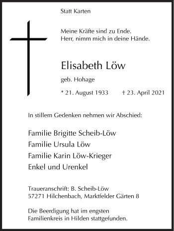Traueranzeige von Elisabeth Löw von Siegener Zeitung