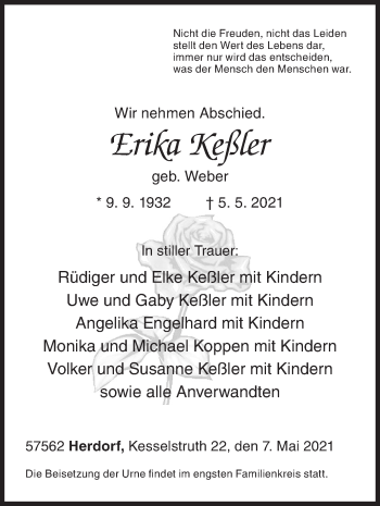 Traueranzeige von Erika Keßler von Siegener Zeitung