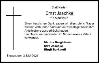 Traueranzeige von Ernst Jaschke von Siegener Zeitung