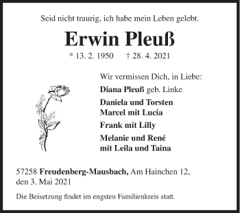 Traueranzeige von Erwin Pleuß von Siegener Zeitung