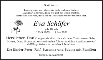 Traueranzeige von Eva Schäfer von Siegener Zeitung