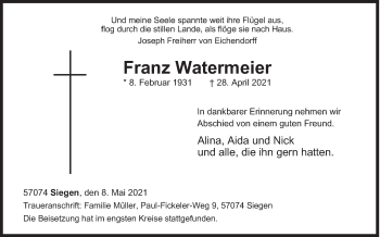 Traueranzeige von Franz Watermeier von Siegener Zeitung