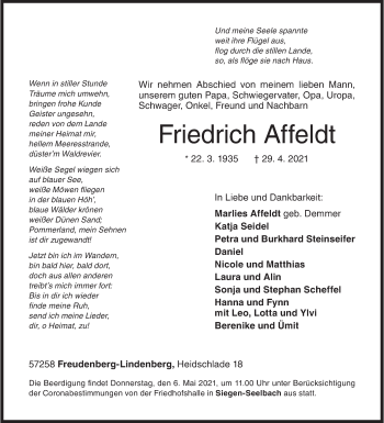 Traueranzeige von Friedrich Affeldt von Siegener Zeitung