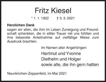 Traueranzeige von Fritz Kiesel von Siegener Zeitung
