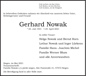 Traueranzeige von Gerhard Nowak von Siegener Zeitung