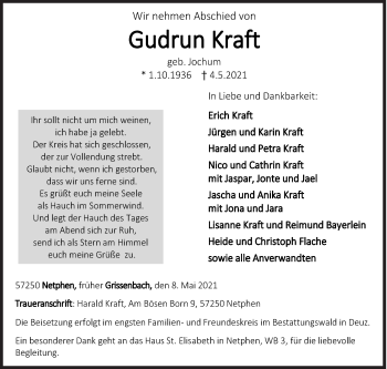 Traueranzeige von Gudrun Kraft von Siegener Zeitung