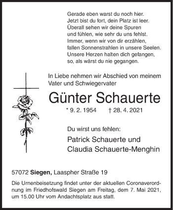 Traueranzeige von Günter Schauerte von Siegener Zeitung