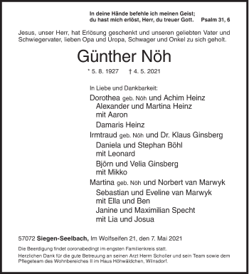Traueranzeige von Günther Nöh von Siegener Zeitung