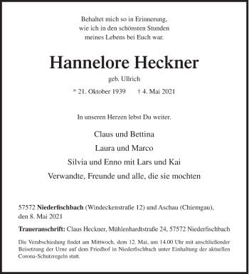 Traueranzeige von Hannelore Heckner von Siegener Zeitung