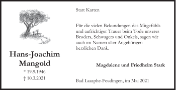 Traueranzeige von Hans-Joachim Mangold von Siegener Zeitung