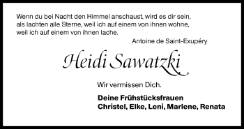 Traueranzeige von Heidi Sawatzki von Siegener Zeitung