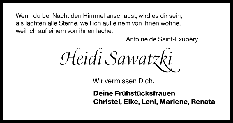  Traueranzeige für Heidi Sawatzki vom 04.05.2021 aus Siegener Zeitung