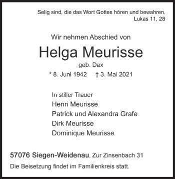 Traueranzeige von Helga Meurisse von Siegener Zeitung