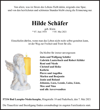 Traueranzeige von Hilde Schäfer von Siegener Zeitung