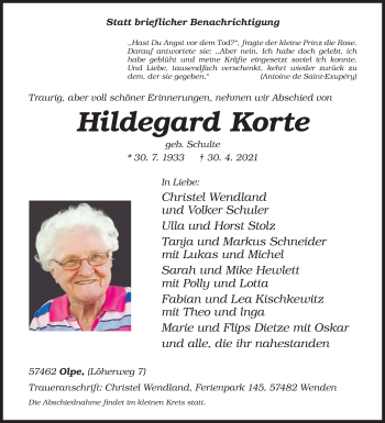 Traueranzeige von Hildegard Korte von Siegener Zeitung