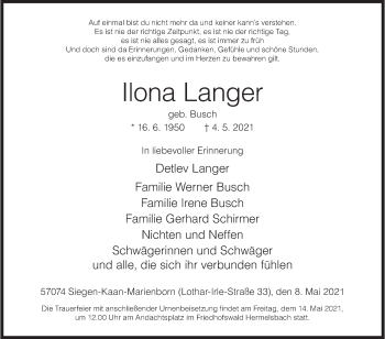 Traueranzeige von Ilona Langer von Siegener Zeitung