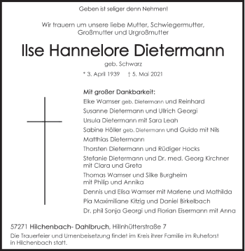 Traueranzeige von Ilse Hannelore Dietermann von Siegener Zeitung