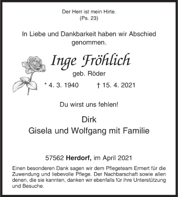 Traueranzeige von Inge Fröhlich von Siegener Zeitung