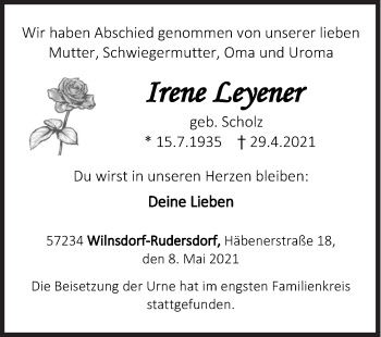 Traueranzeige von Irene Leyener von Siegener Zeitung