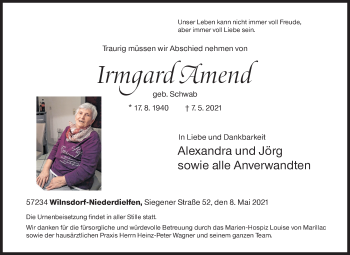 Traueranzeige von Irmgard Amend von Siegener Zeitung